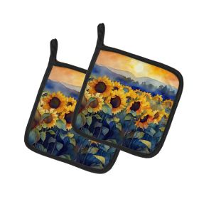 Sunflowers in Watercolor Pair of Pot Holders Kitchen Heat Resistant Pot Holders Sets Oven Hot Pads for Cooking Baking BBQ, 7 1/2 x 7 1/2