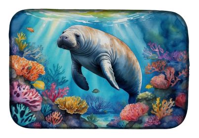 Manatee and Coral Reefs Dish Drying Mat Absorbent Dish Drying Mat Pad for Kitchen Counter Dish Drainer Mat for Countertop, 14 x 21", Multicolor